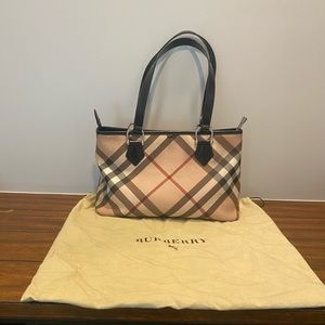 Vintage Burberry Nova Check Small Tote Bag With Black Patent Leather